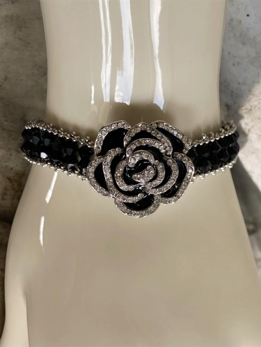 Fifth Avenue Black Camellia Rose Flower Crystal Beaded Statement Bracelet Cuff
